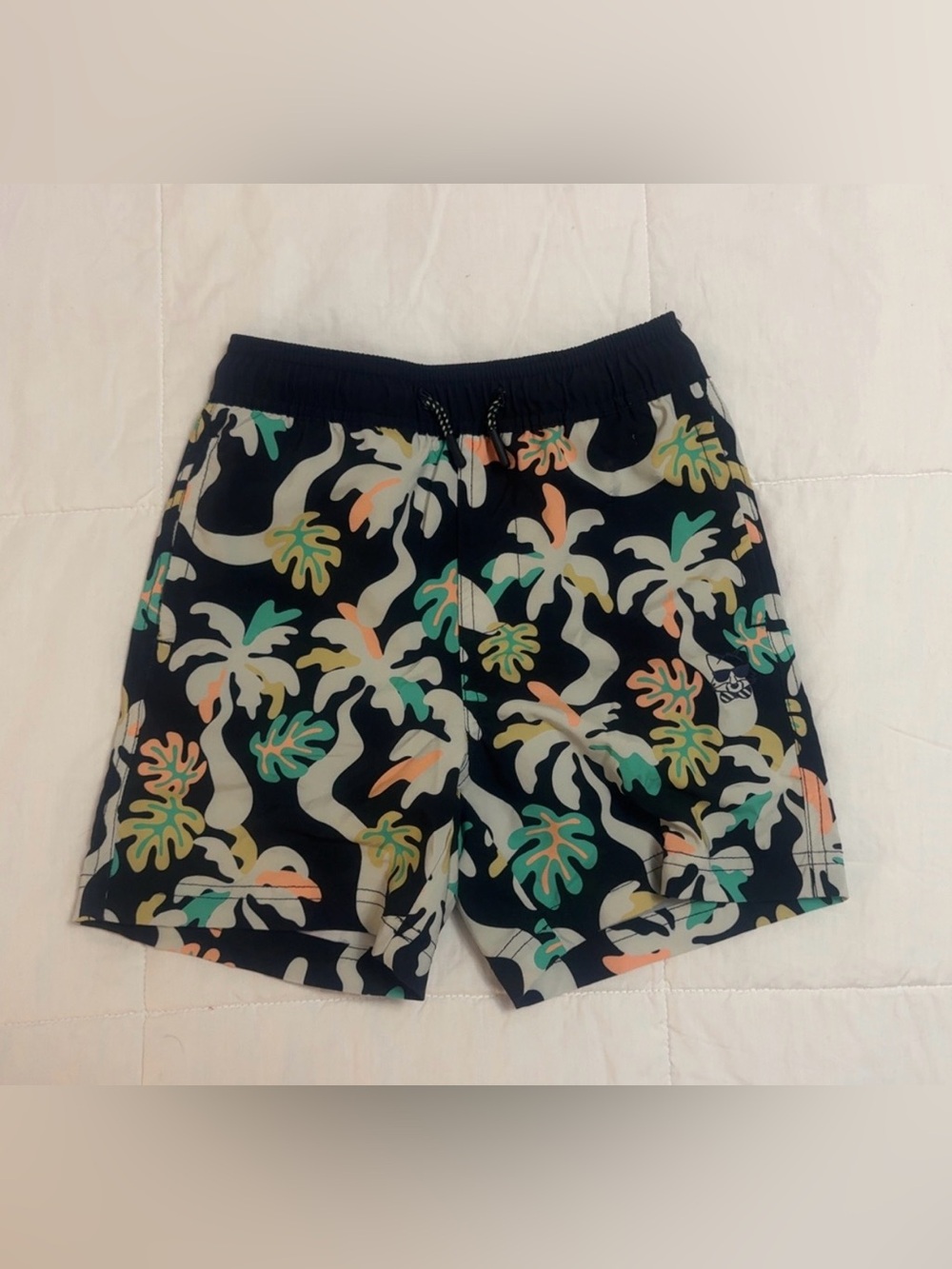 Kids Black Tropical Palm Print Swim Trunks